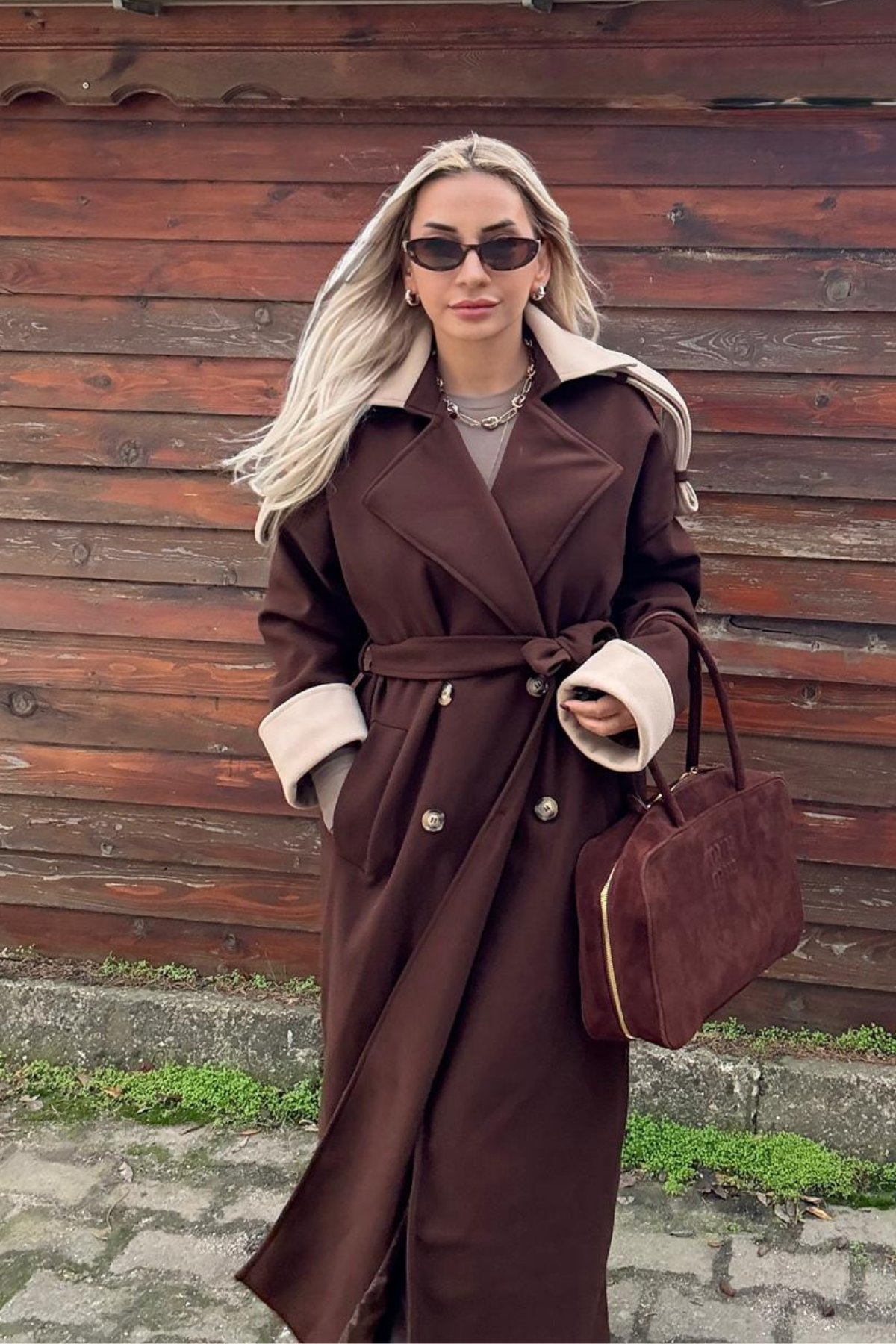 Oversize Uzun Kahverengi Kaşe Kadın Pardesü