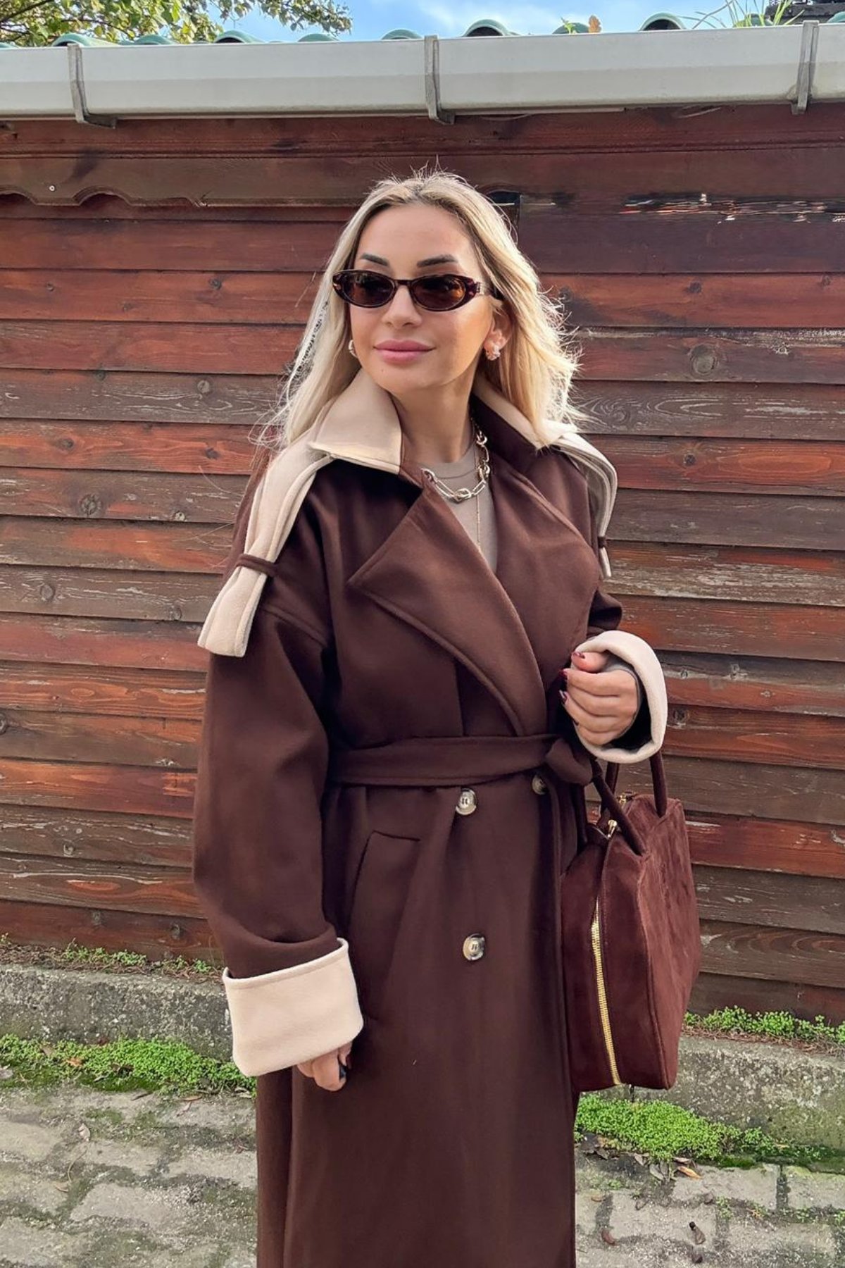 Oversize Uzun Kahverengi Kaşe Kadın Pardesü