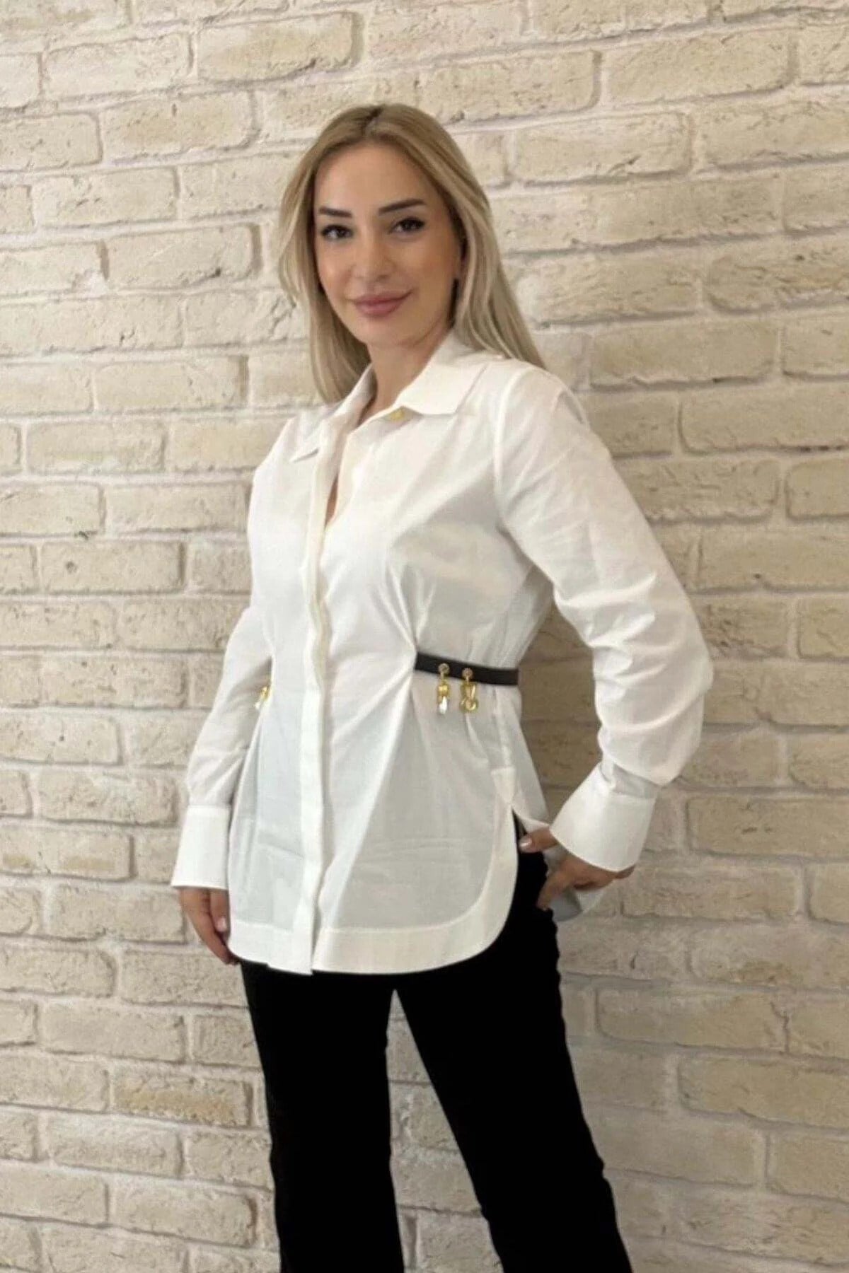 Roxelle İthal Tasarım Beyaz Gömlek - Özel Dokulu Pamuklu Premium Kadın Gömlek