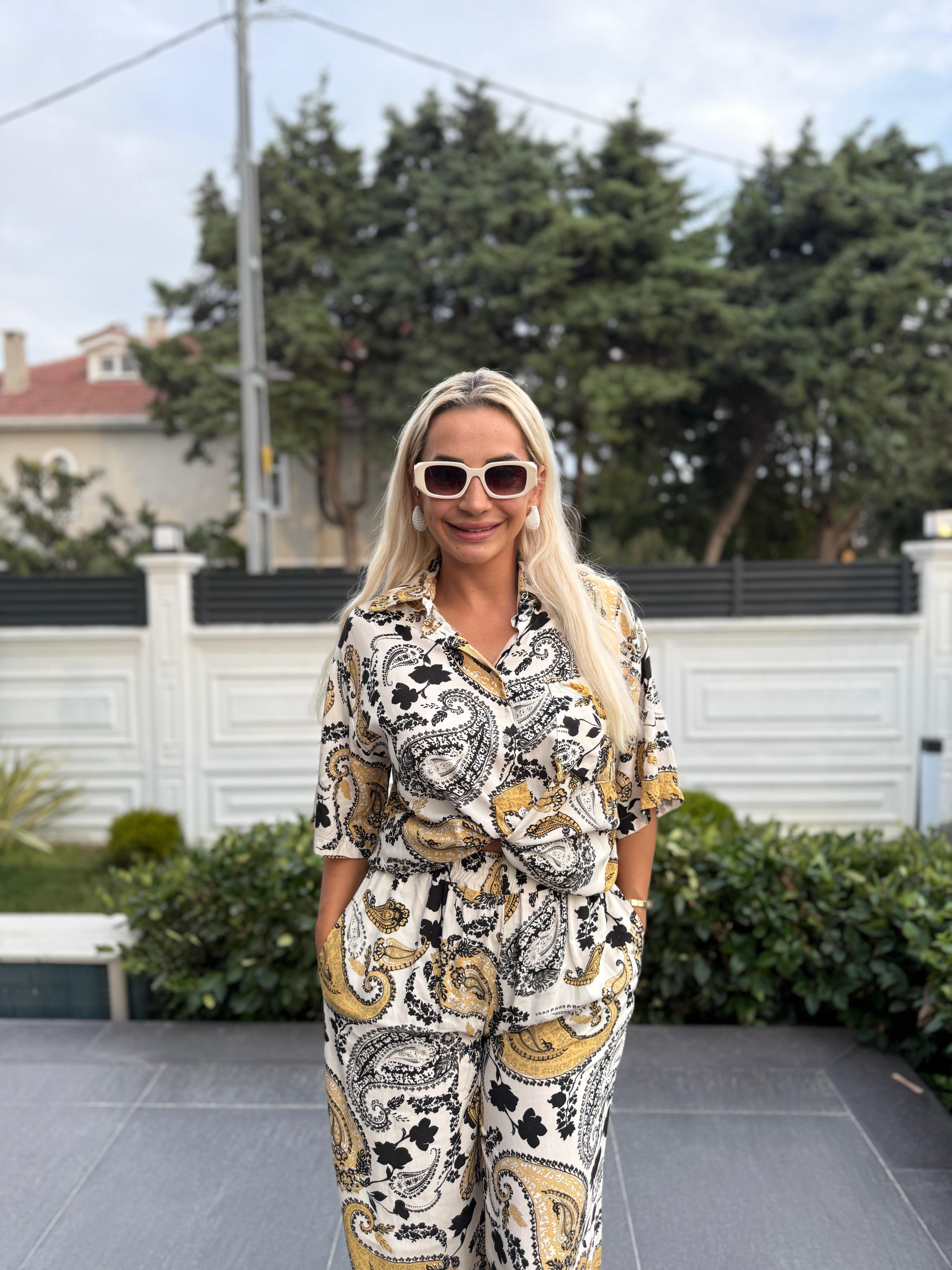 Şal Desen Kısa Kollu Gömlek Pantolon Alt Üst Takım