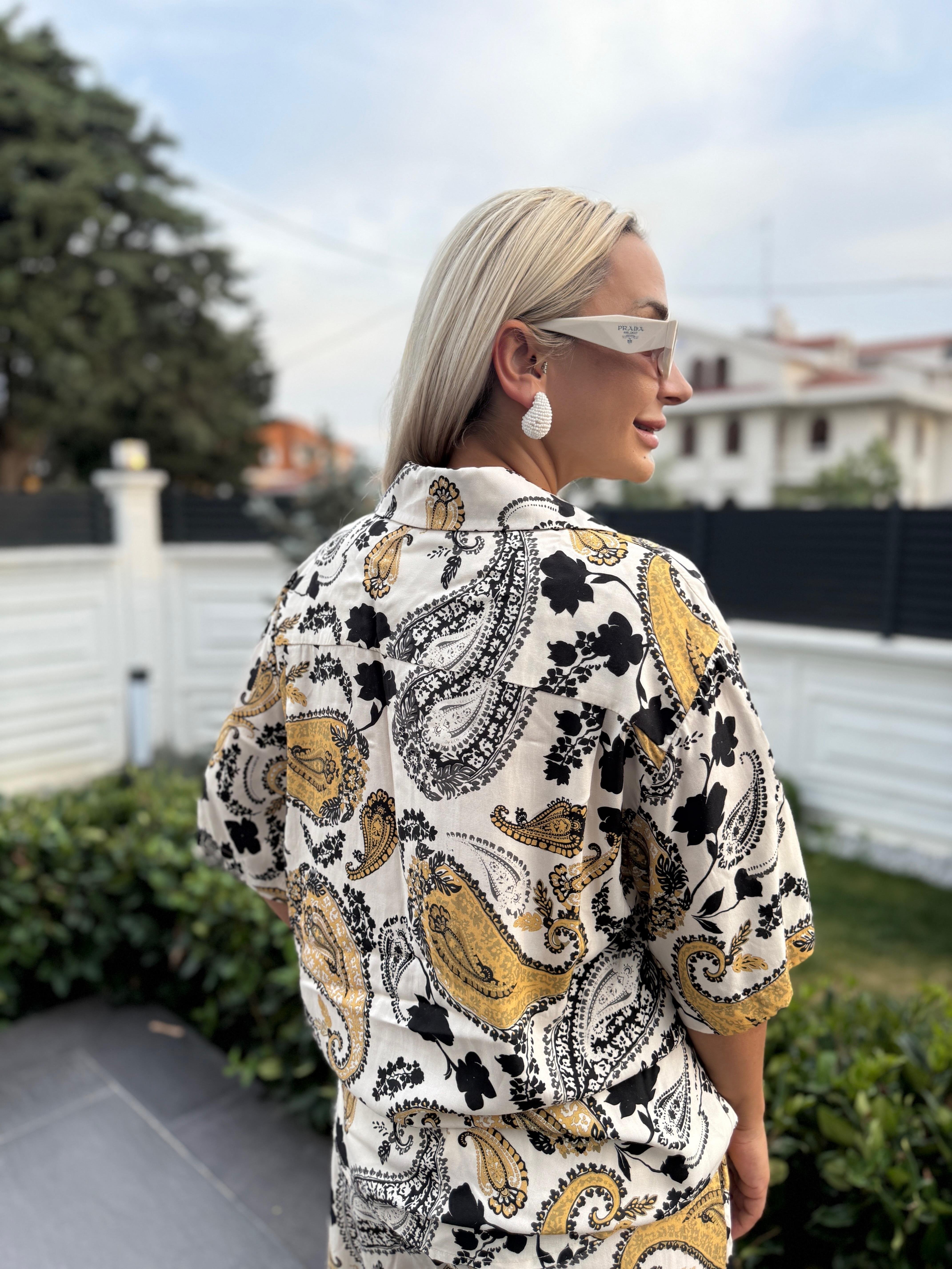 Şal Desen Kısa Kollu Gömlek Pantolon Alt Üst Takım