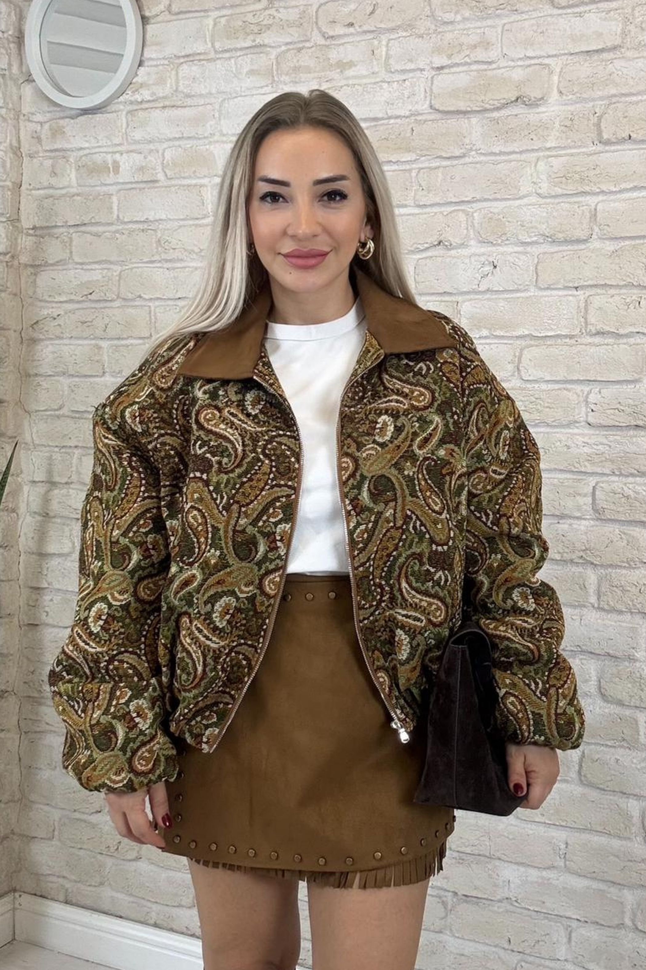 Zelyon İthal Desenli Fermuarlı Kadın Ceket
