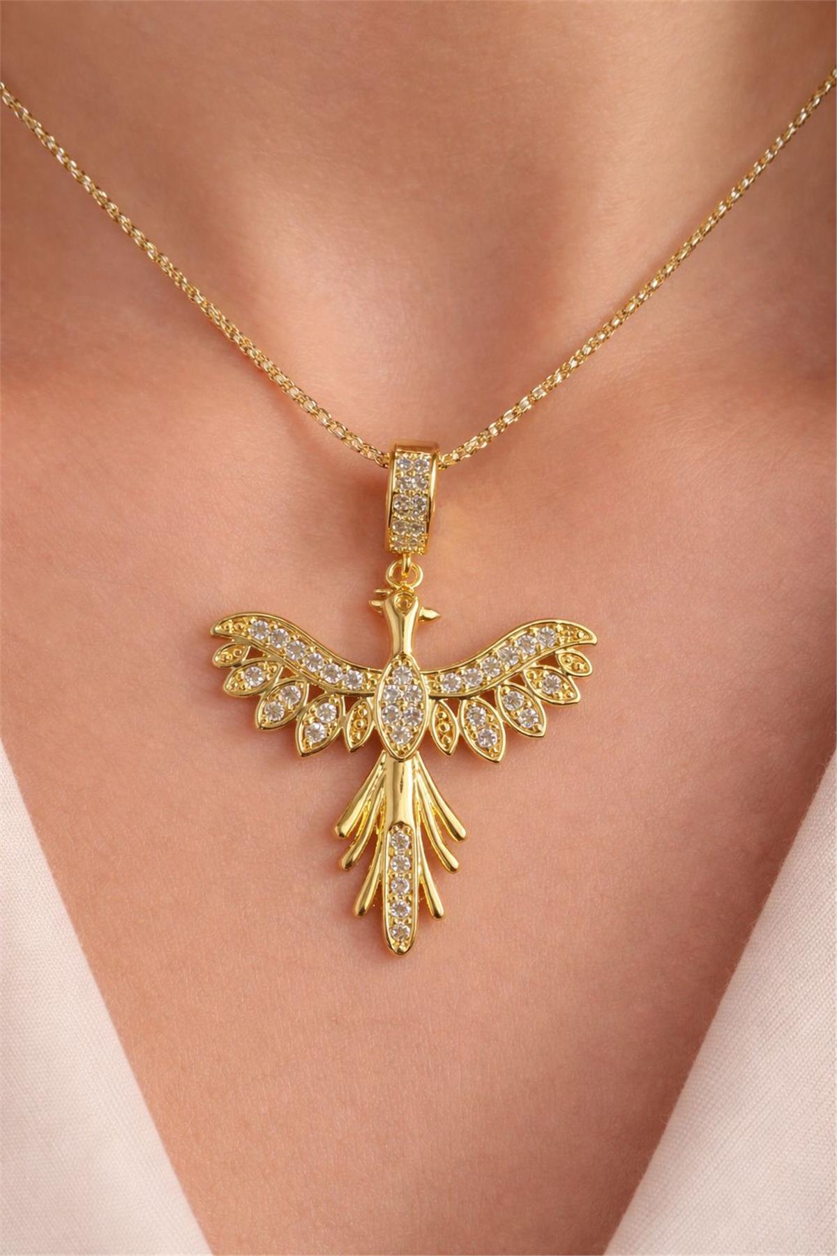14 Ayar Altın Kaplama Gold İtal Zirkon Taş Anka Kuş Model Kolye Uçu 