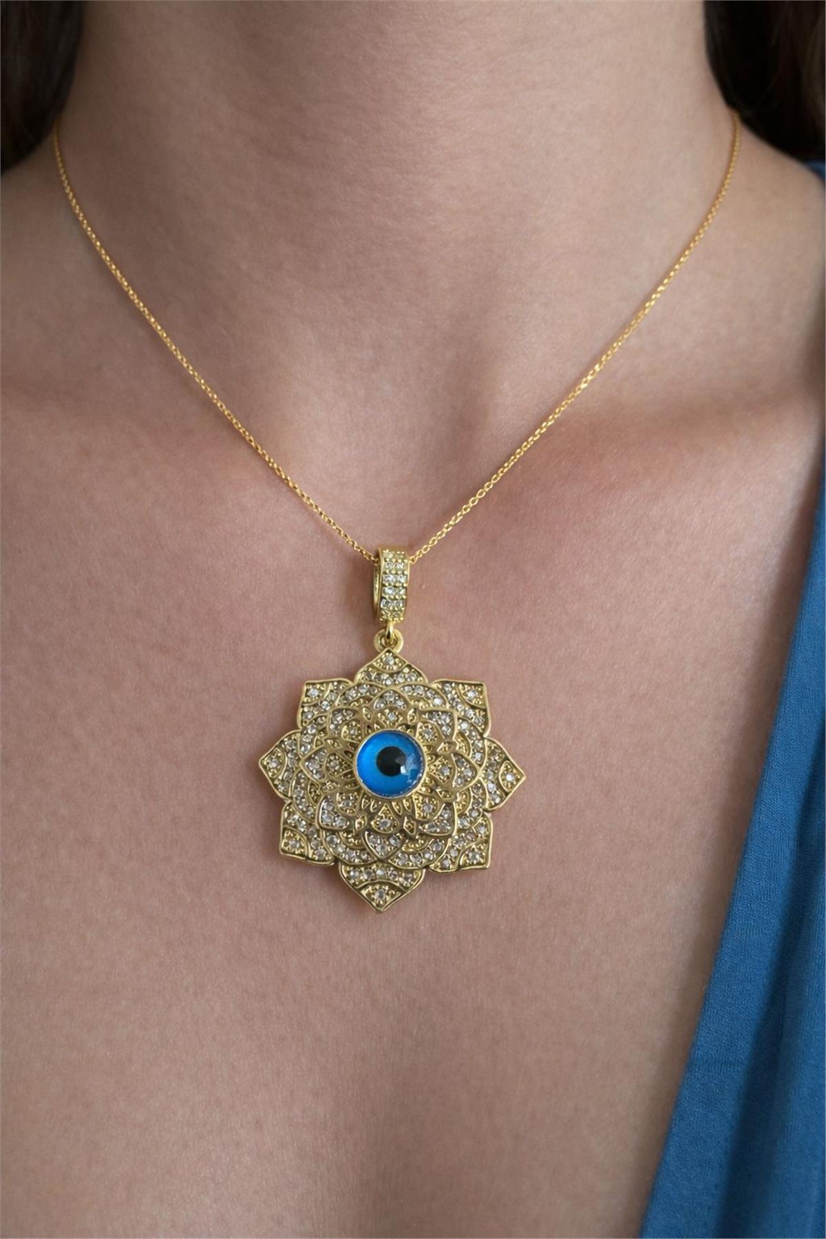 14 Ayar Altın Kaplama Gold İtal Zirkon Taş Nazar Boncuklu Gül Model Kolye Uçu 