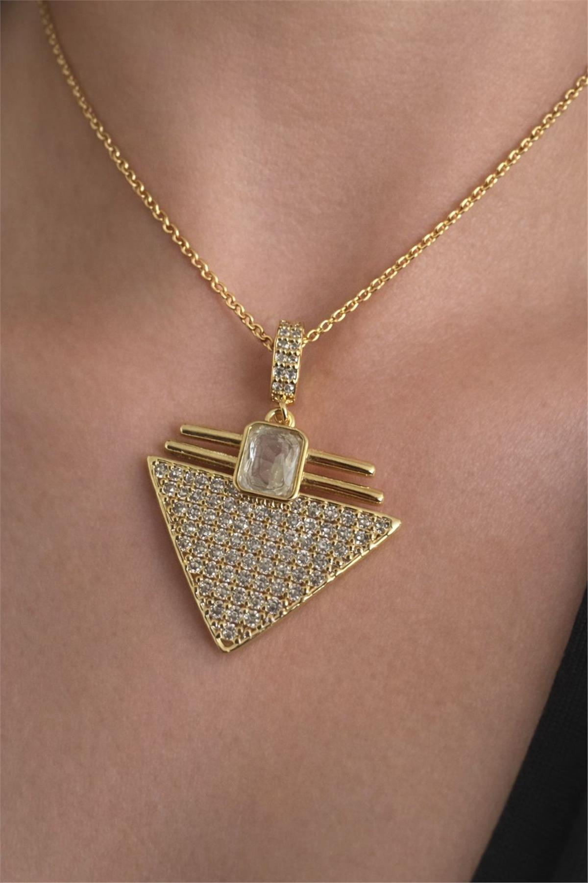 14 Ayar Altın Kaplama  Gold  İtal Zirkon Taş Üçken Zenginlik Model Kolye Uçu 