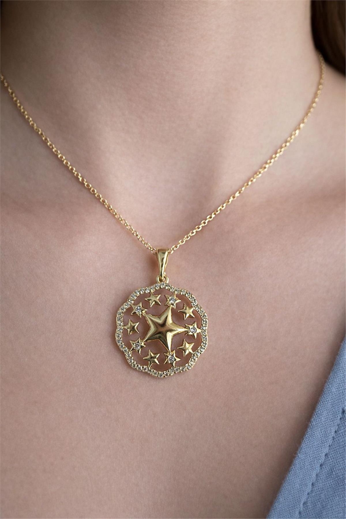 14 Ayar Altın Kaplama İtal Gold Zirkon Taş Çoklu Yıldız Model Kolye Uçu 