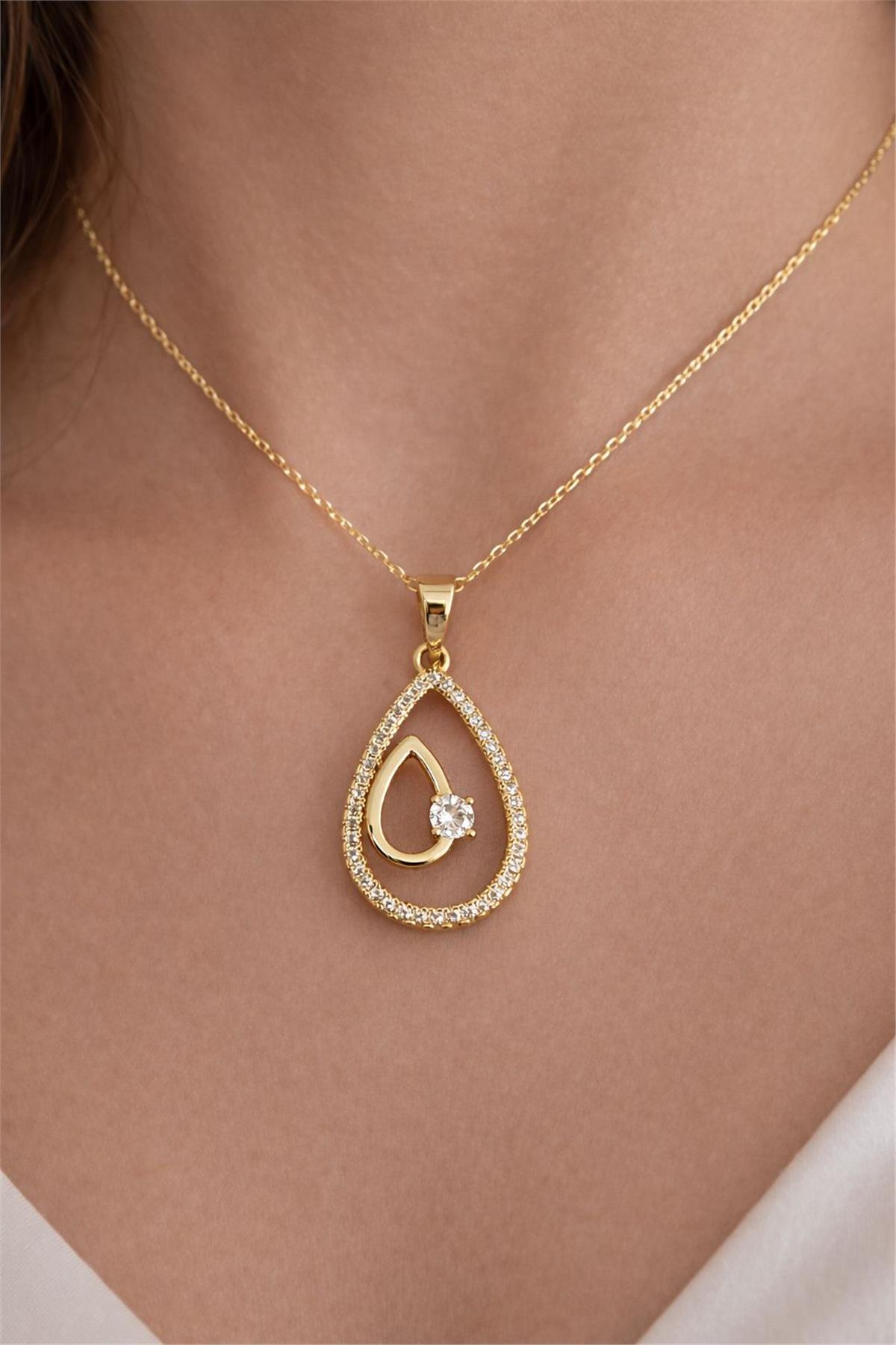 14 Ayar Altın Kaplama İtal Gold Zirkon Taş Damla Model Kolye Uçu 