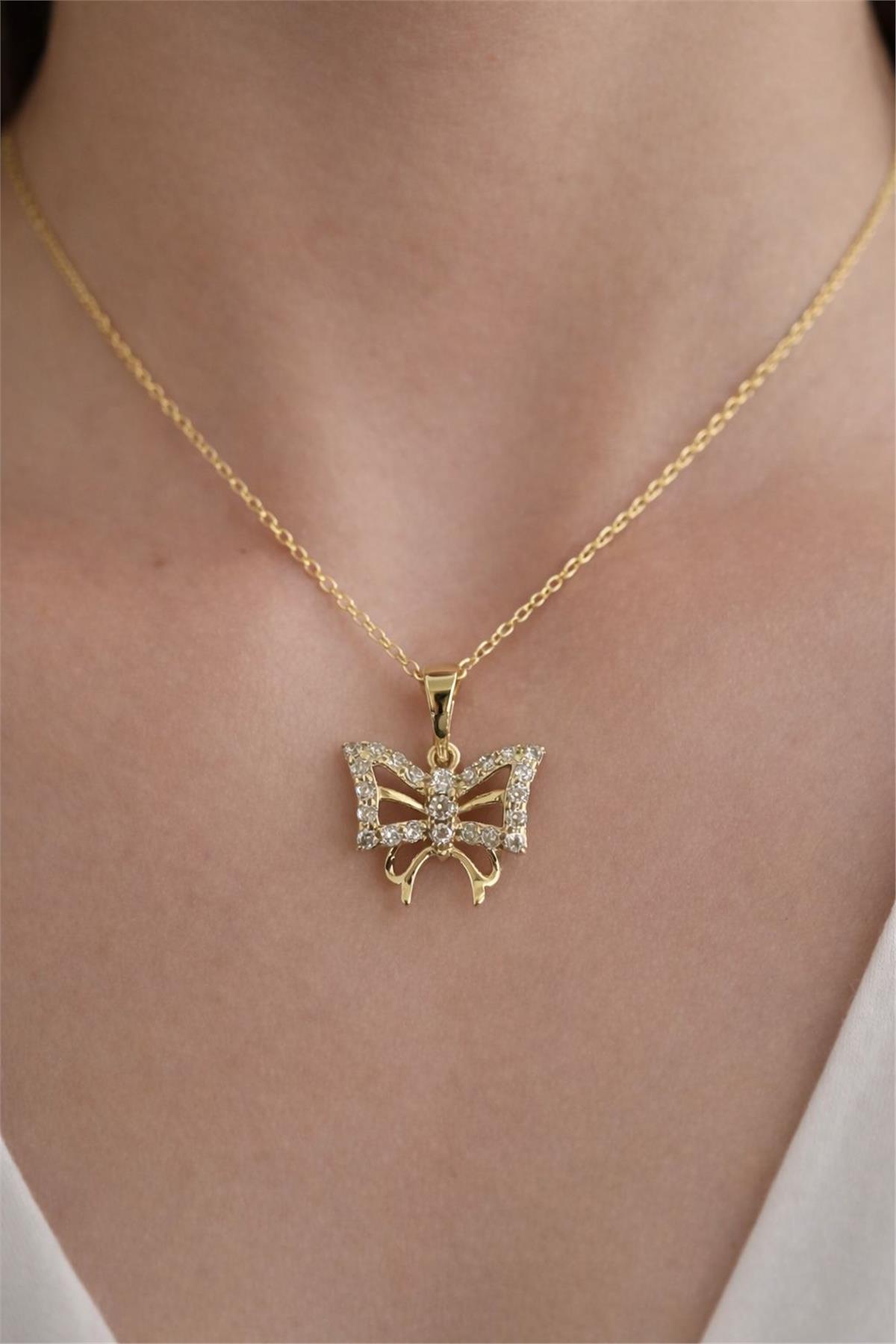 14 Ayar Altın Kaplama İtal Gold Zirkon Taş Kelebek Model Kolye Uçu 