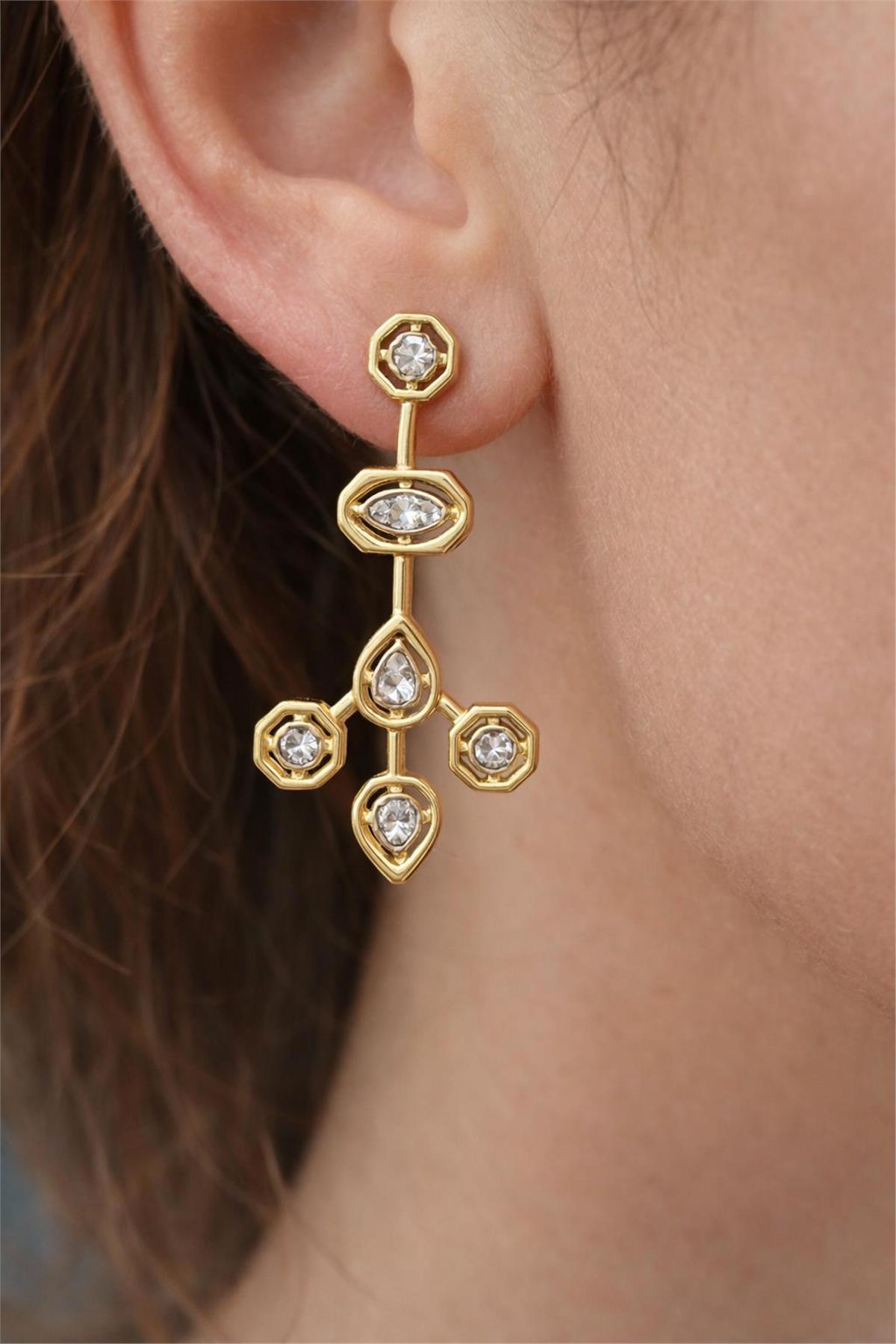 14 Ayar Gold Zirkon Taş Damla Uzun Model Küpe 
