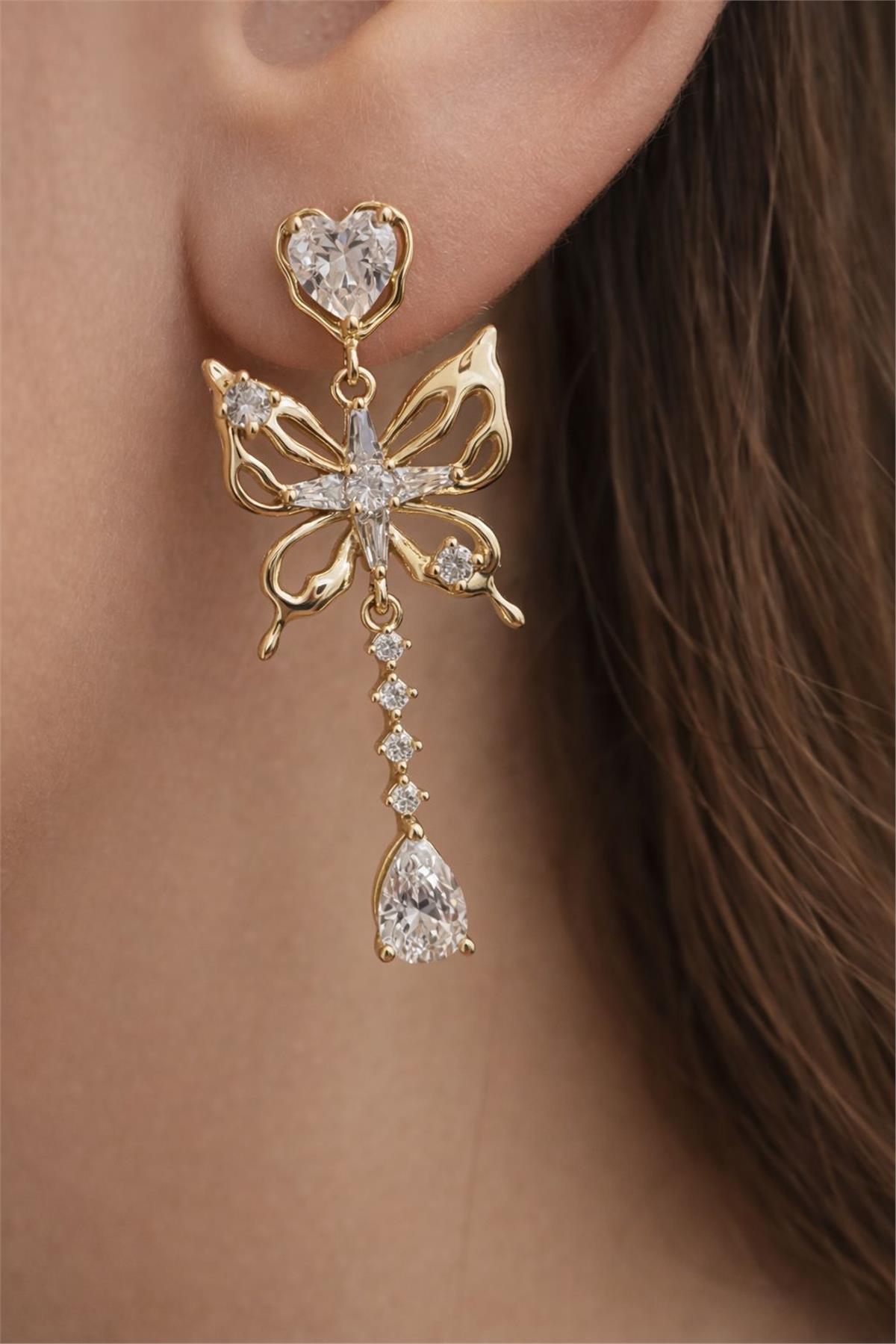 14 Ayar Gold Zirkon Taş Kelebek Model Küpe 