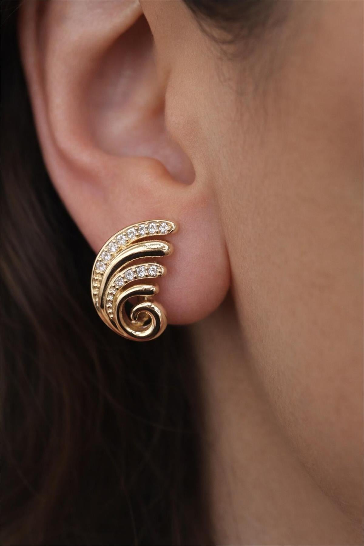 14 Ayar Gold Zirkon Taş Yaprak Model Küpe 