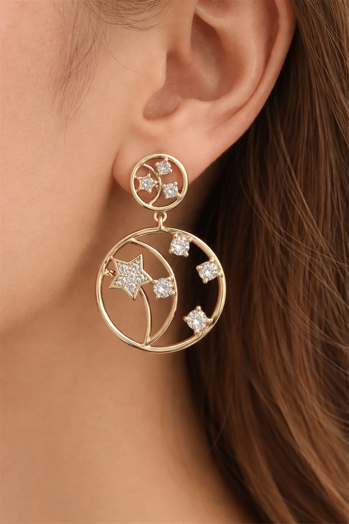 14 Ayar Gold Zirkon Taş Yıldız  Model Küpe 
