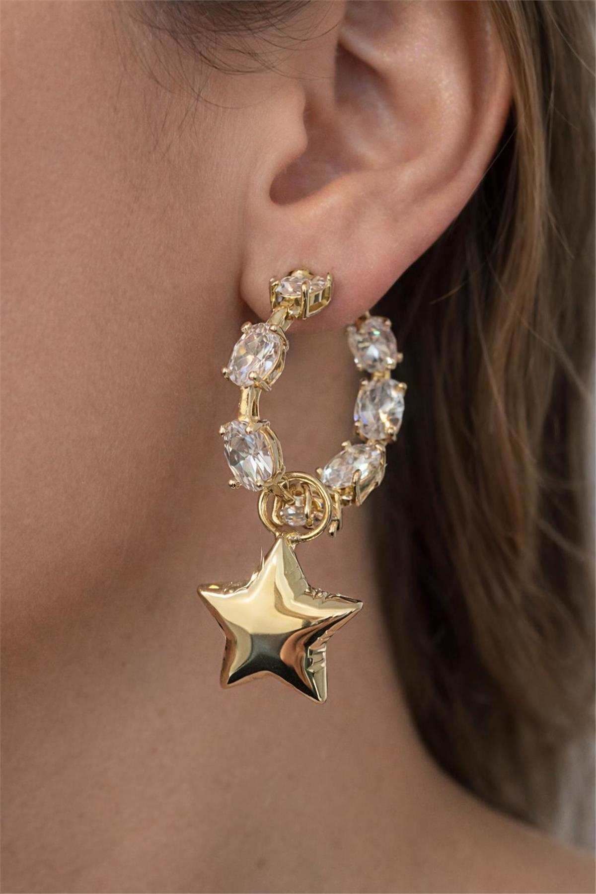14 Ayar Gold Zirkon Taş  Yıldızlı Halka  Model Küpe 