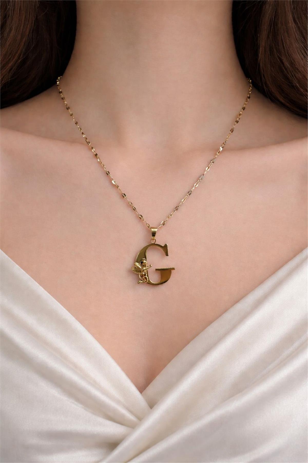 Çelik Gold Melek Model  G  Harfi Kolye 
