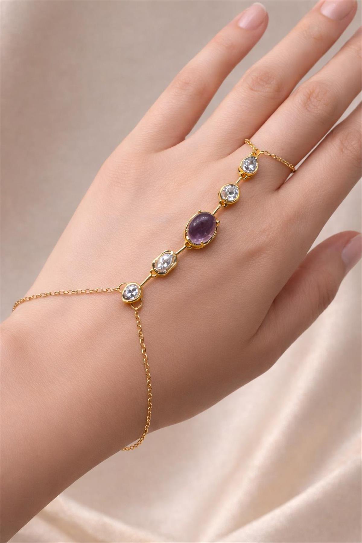 Çelik Gold Mor Taş Model Kolye 
