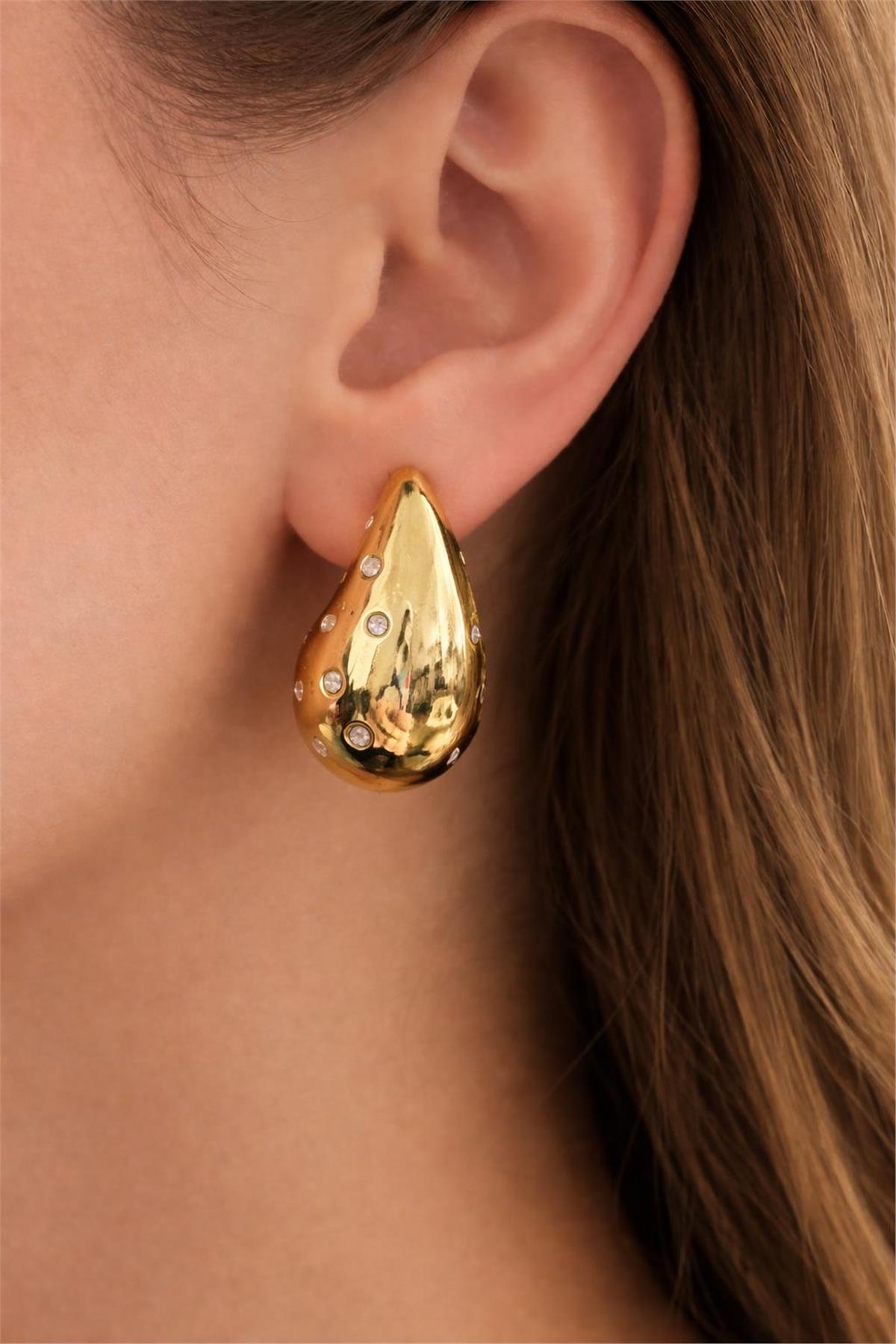 Gold  Taşlı Damla Model Küpe 