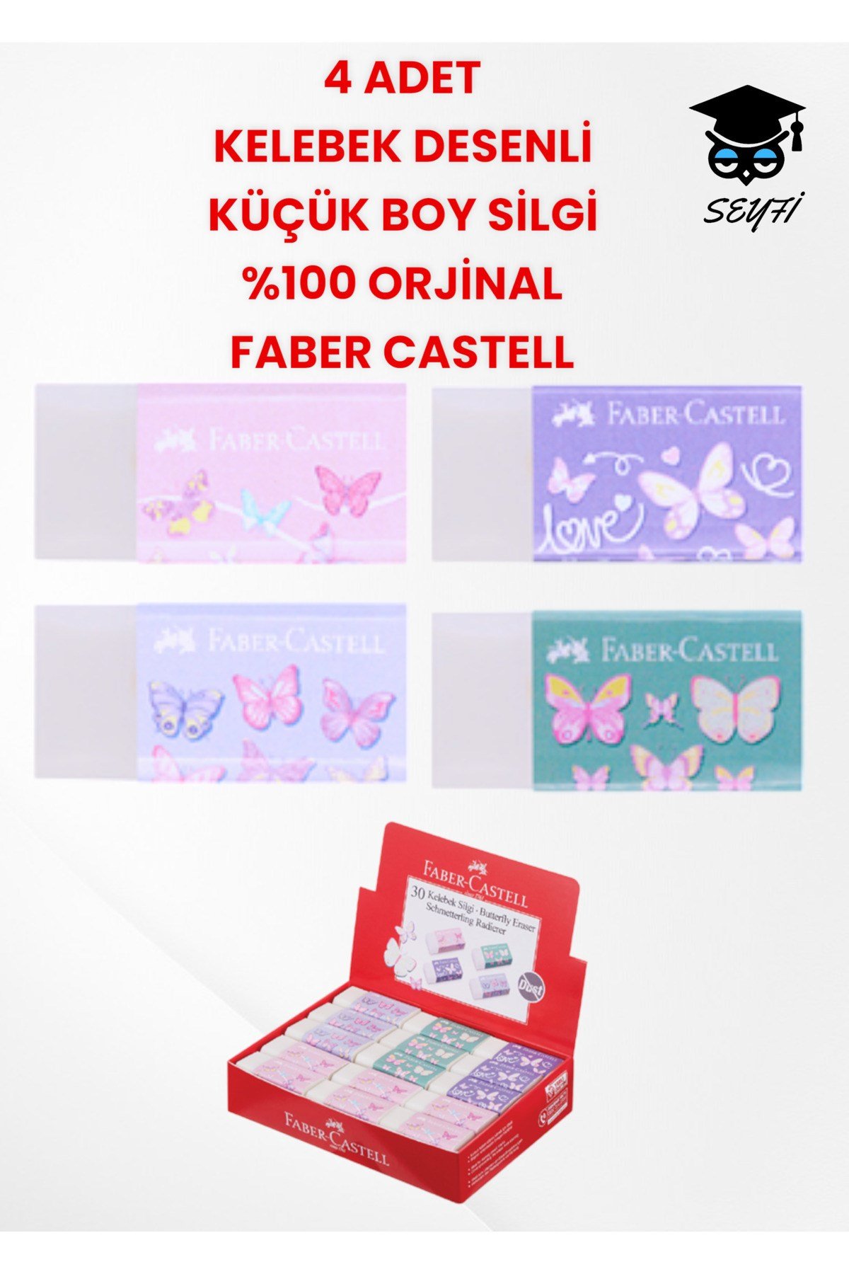 4 ADET KELEBEK DESENLİ KÜÇÜK BOY SİLGİ FABER CASTELL