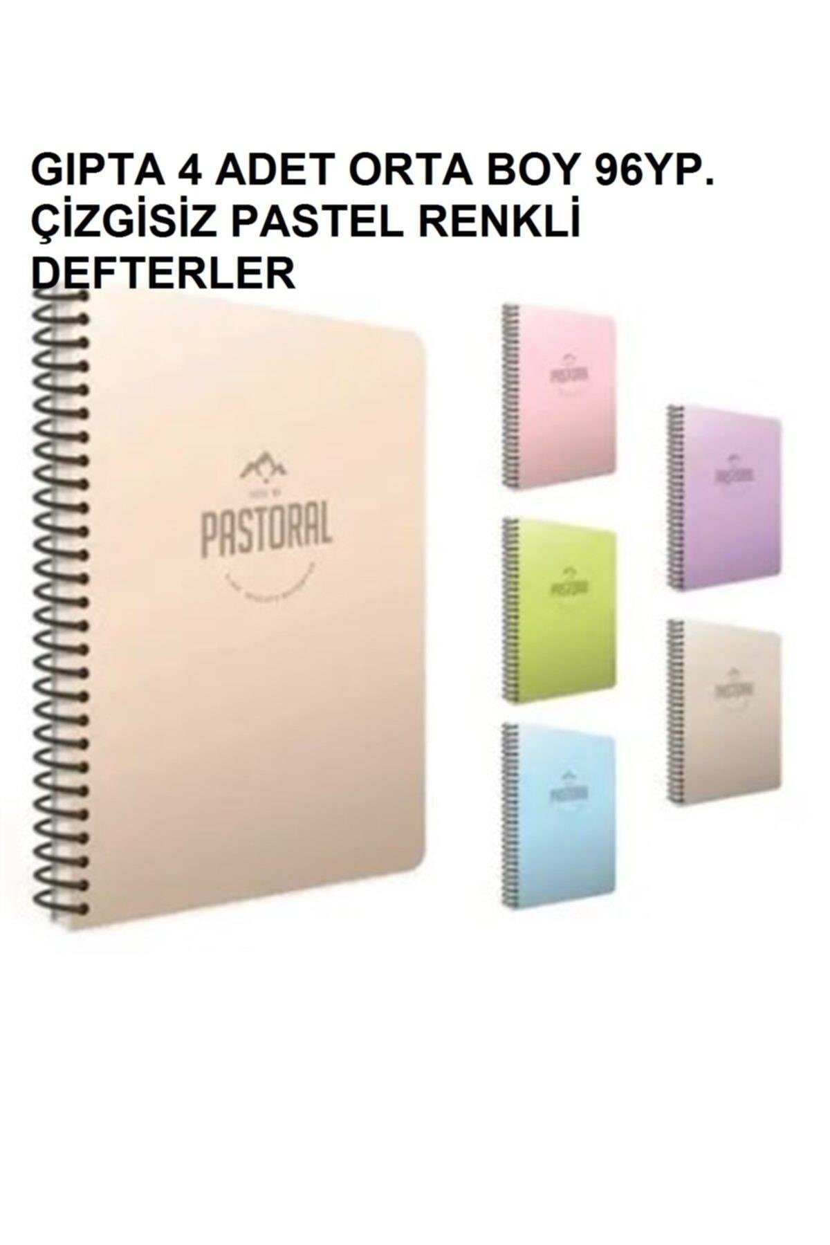 Pastoral Orta Boy 96yp. Çizgisiz 4 Adet Pastel Renkli Defterler