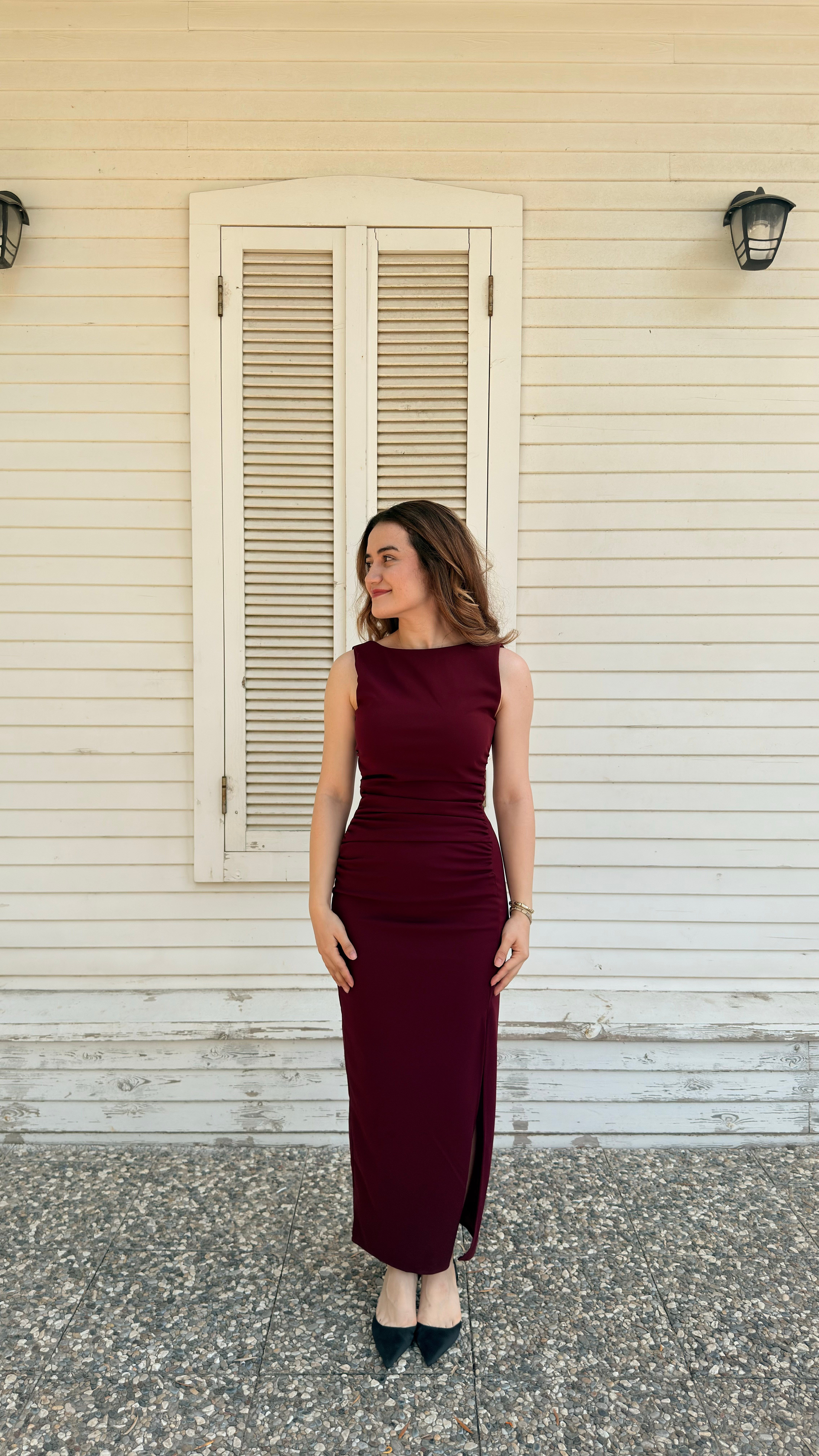 Drape Yırtmaçlı Elbise Bordo