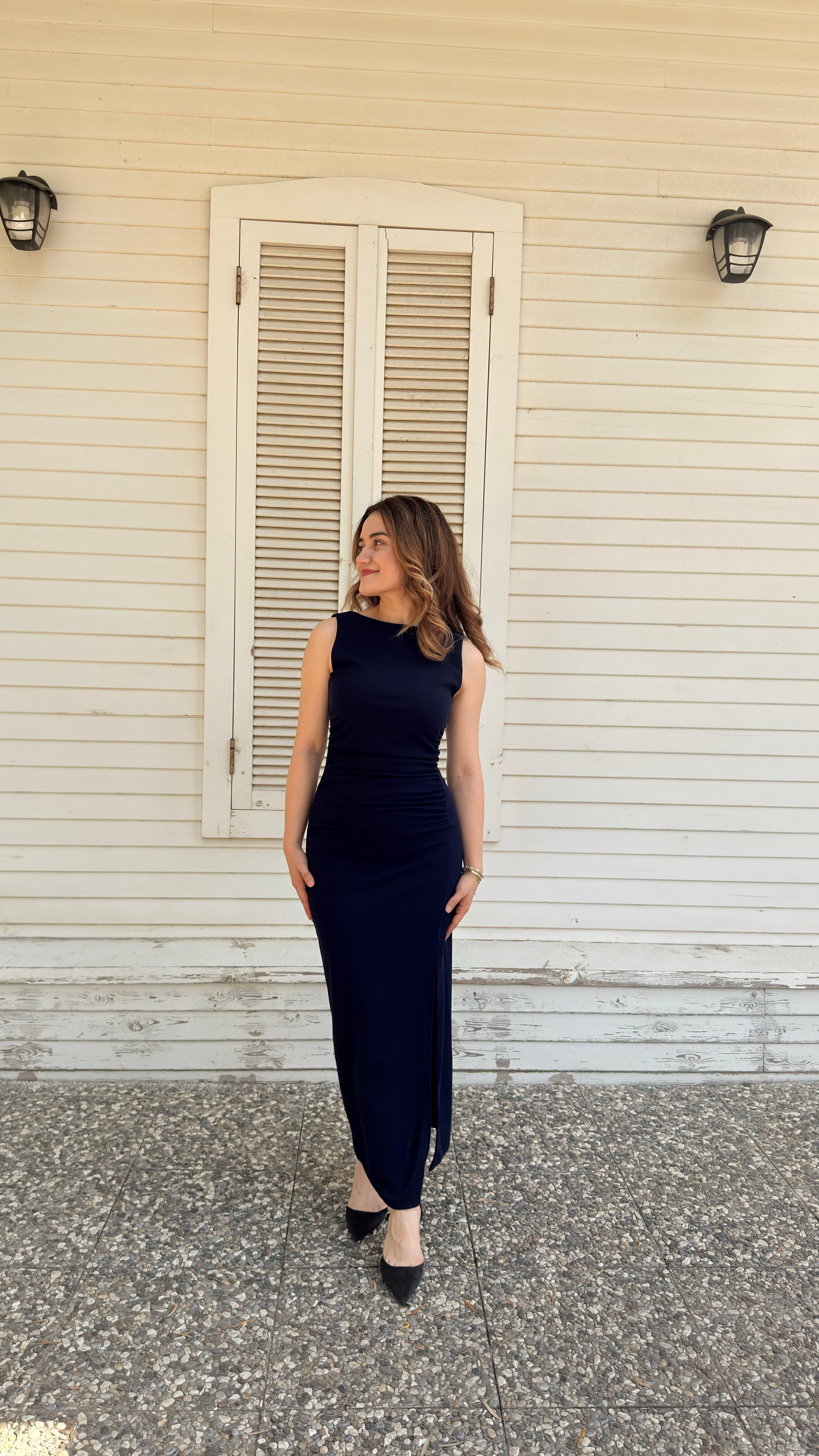 Drape Yırtmaçlı Elbise Lacivert