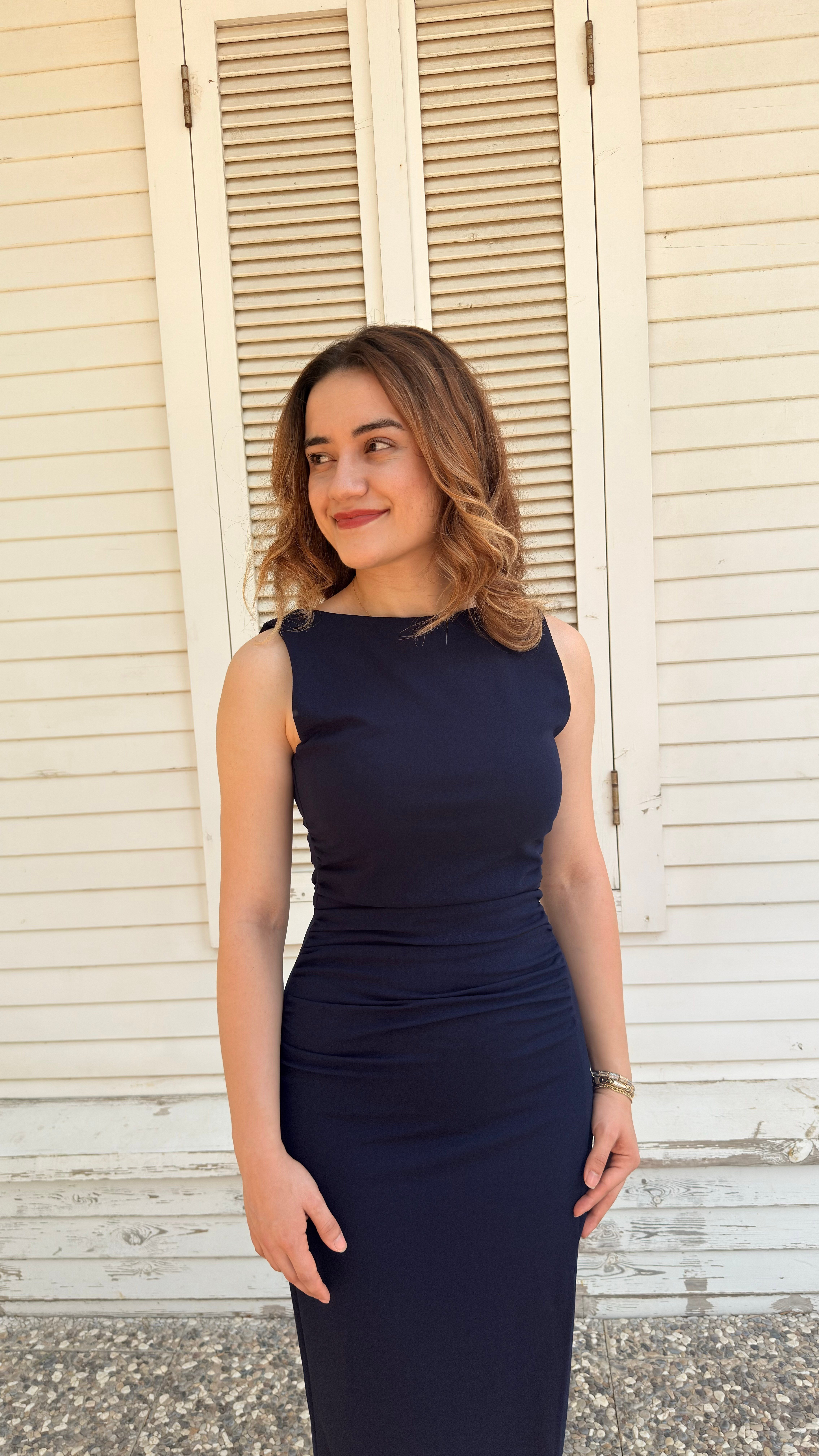 Drape Yırtmaçlı Elbise Lacivert
