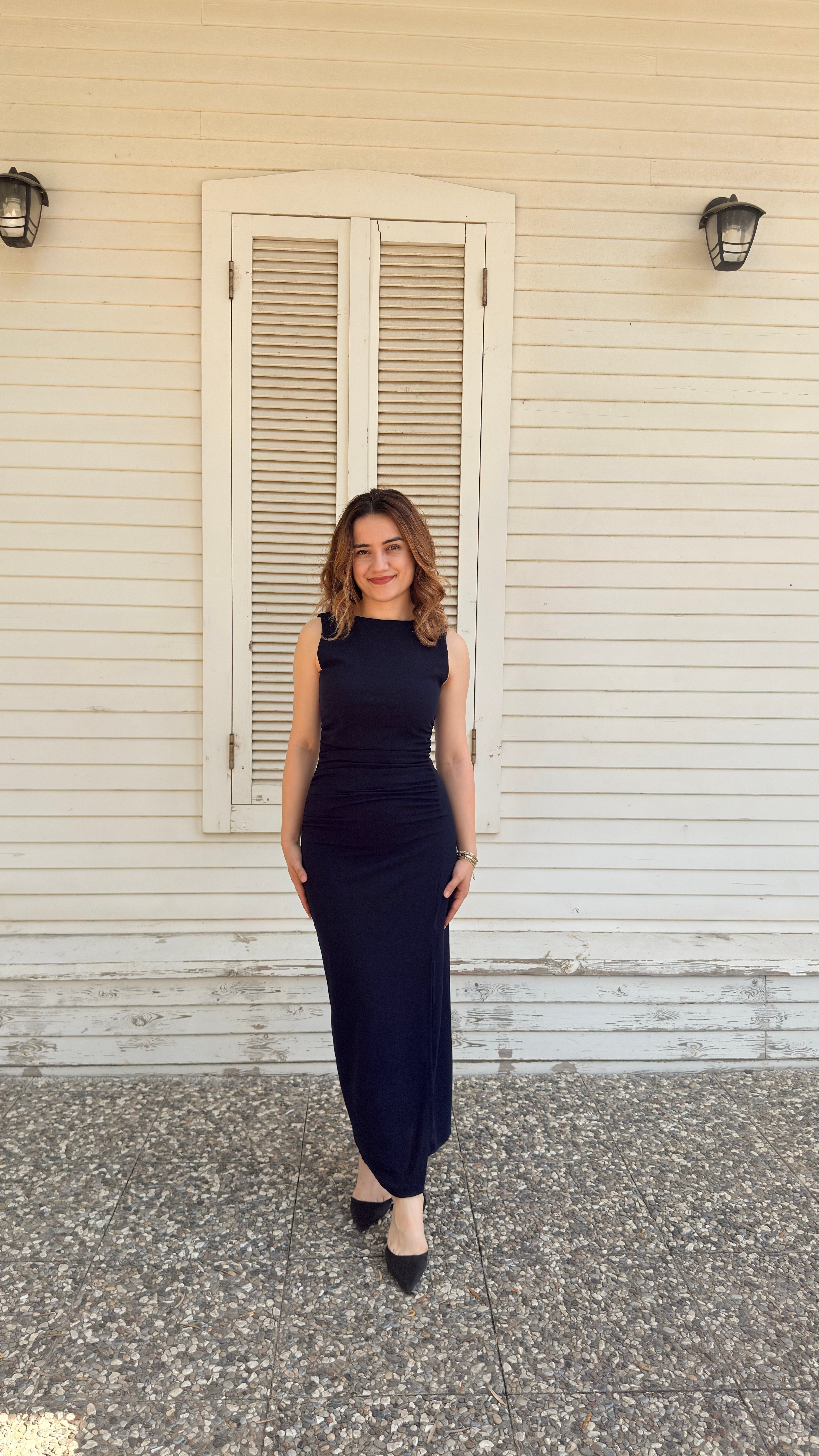 Drape Yırtmaçlı Elbise Lacivert