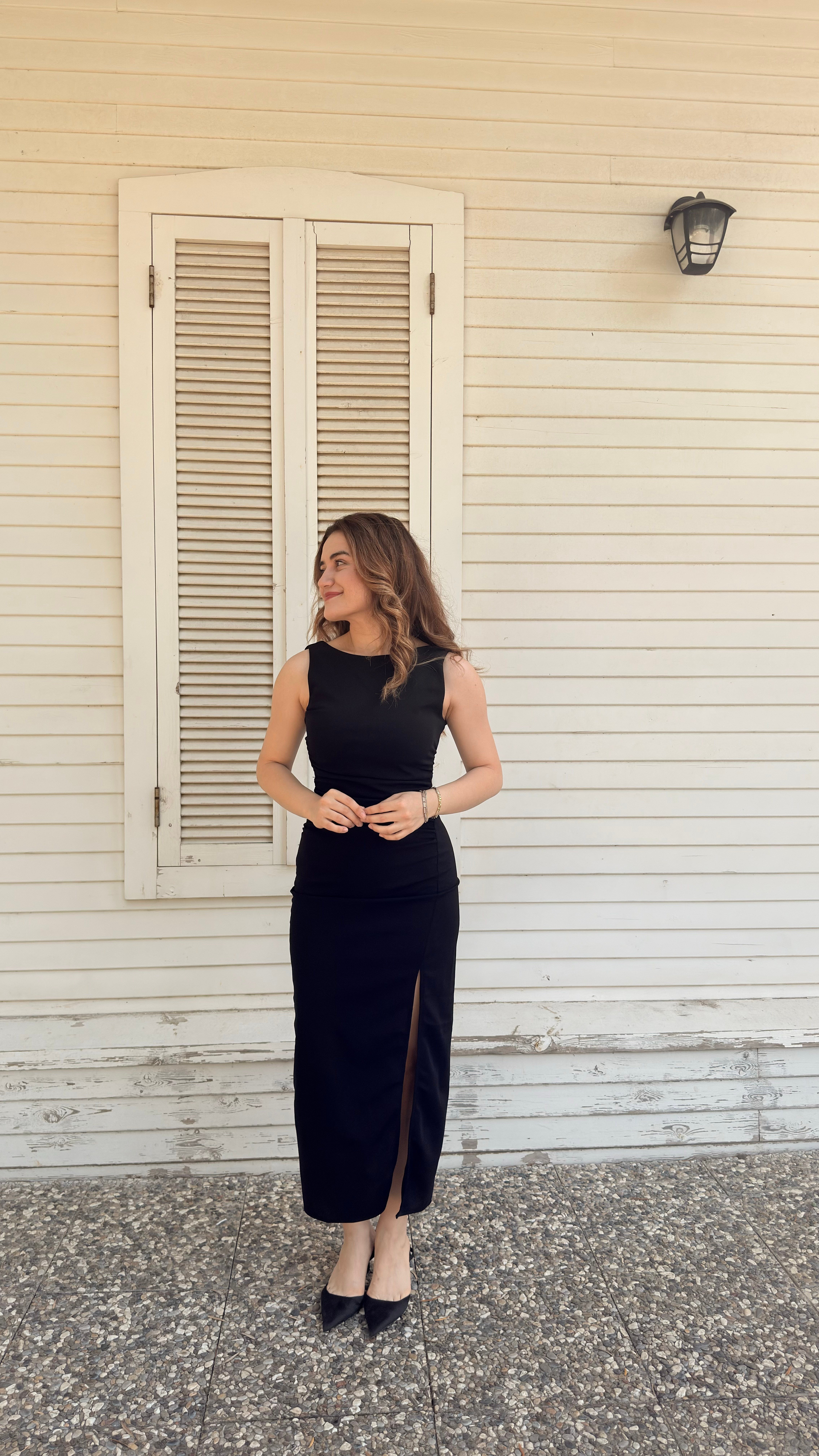 Drape Yırtmaçlı Elbise Siyah