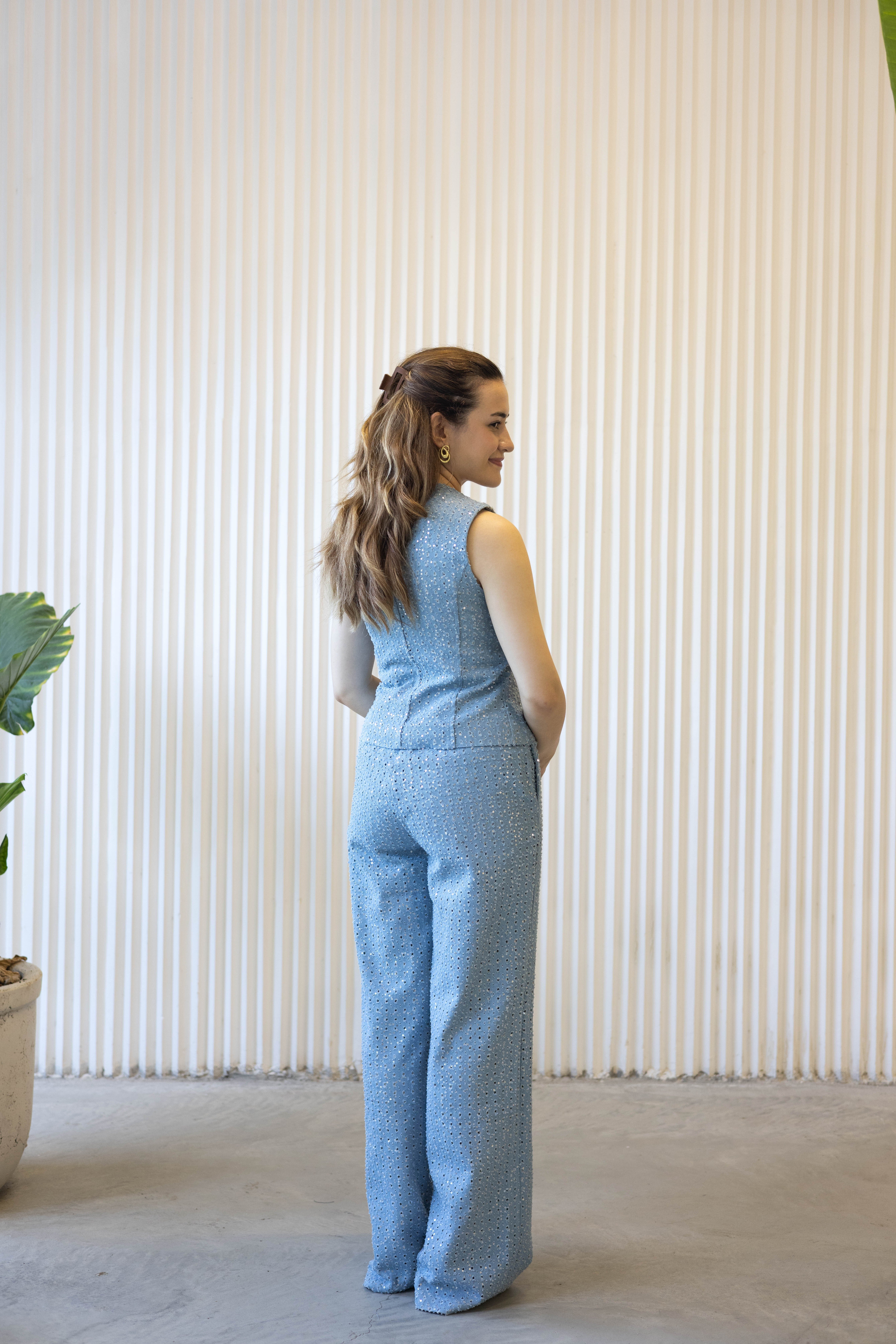Payetli Denim Takım Mavi