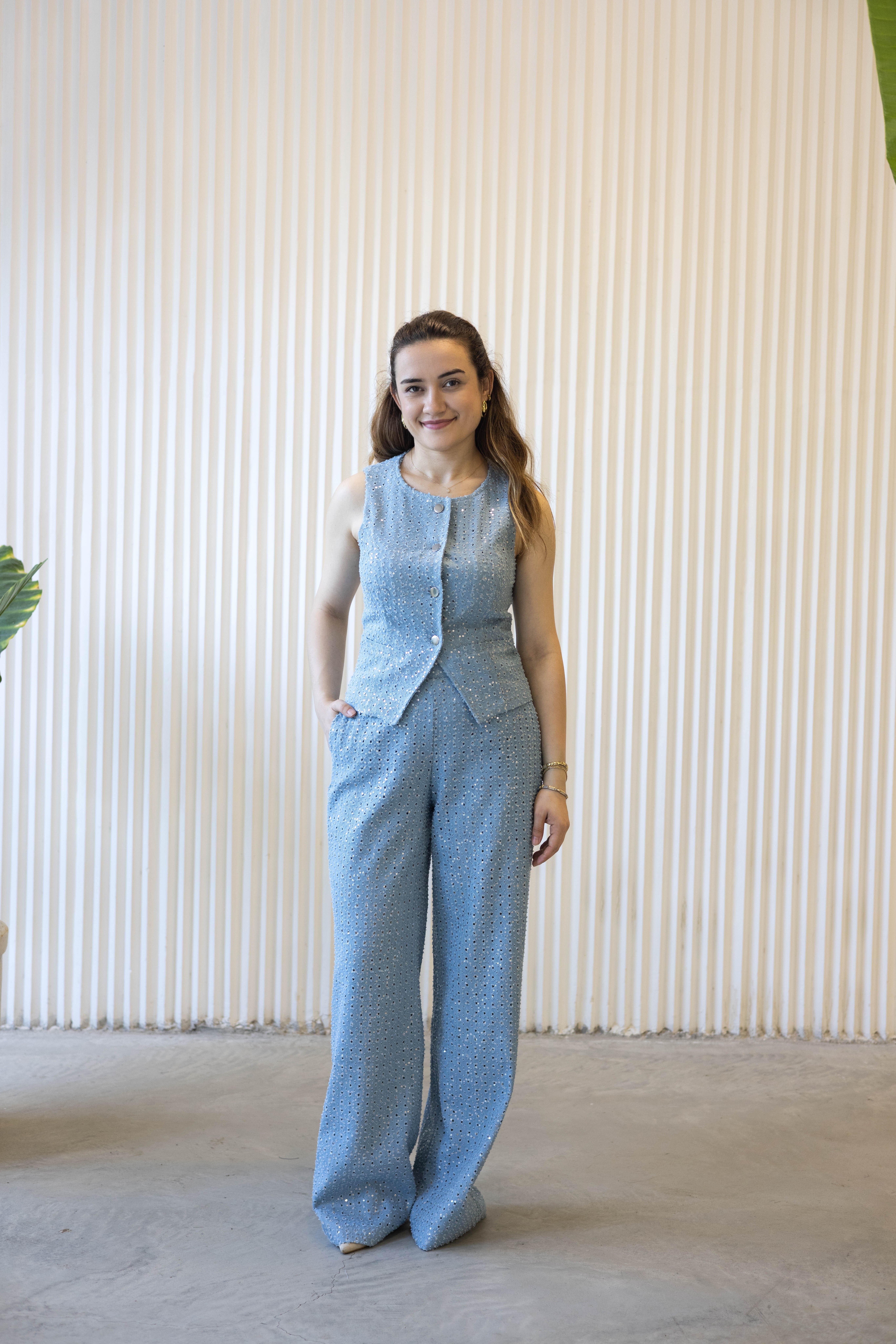 Payetli Denim Takım Mavi