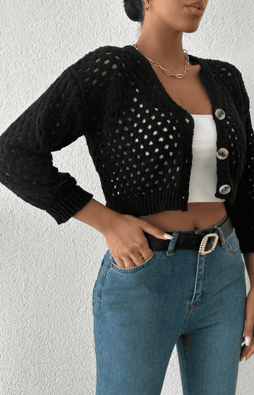 ÜÇ DÜĞMELİ AJURLU KISA TRİKO HIRKA