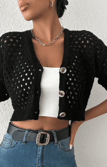 ÜÇ DÜĞMELİ AJURLU KISA TRİKO HIRKA