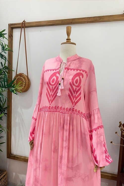 İPLİ ETNİK ELBİSE PEMBE