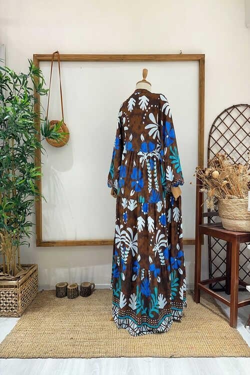 KAHVE MAVİ ÇİÇEKLİ ELBİSE