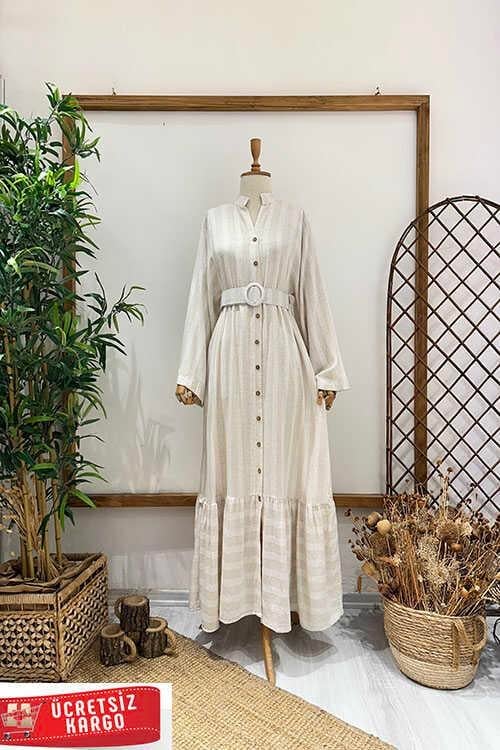 KETEN KEMERLİ GÖMLEK ELBİSE Taş