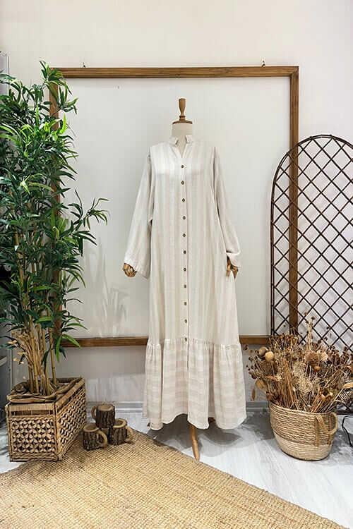 KETEN KEMERLİ GÖMLEK ELBİSE Taş