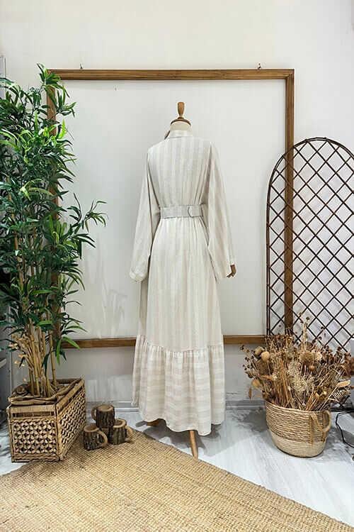 KETEN KEMERLİ GÖMLEK ELBİSE Taş