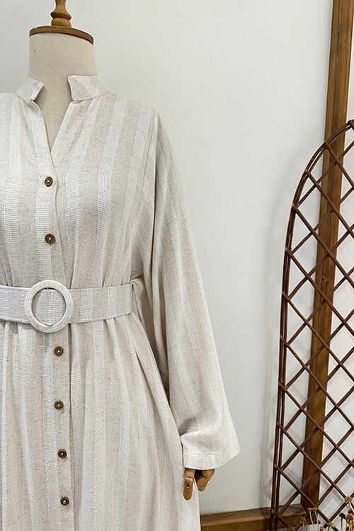 KETEN KEMERLİ GÖMLEK ELBİSE Taş