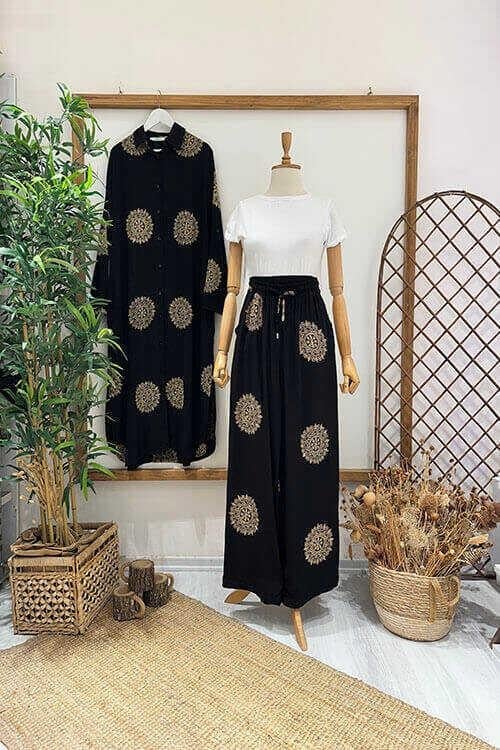 KETEN TURA PANTOLONLU TAKIM Siyah