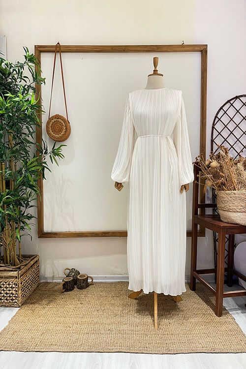 PİLİSELİ ŞİFON ABİYE Beyaz