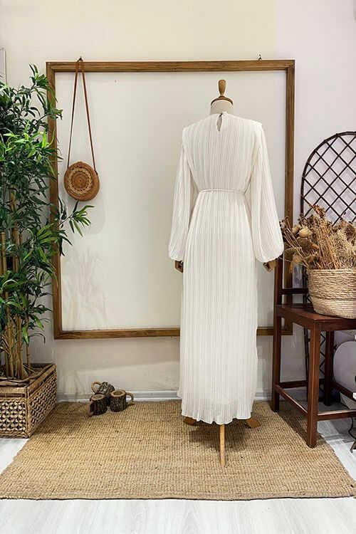 PİLİSELİ ŞİFON ABİYE Beyaz