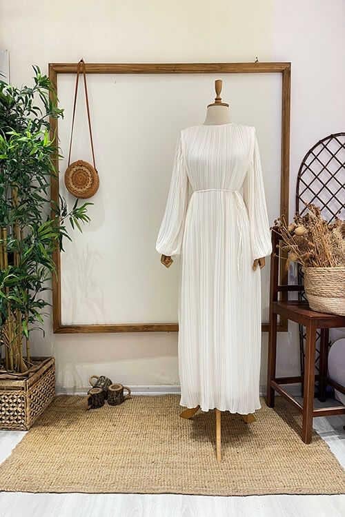 PİLİSELİ ŞİFON ABİYE Beyaz