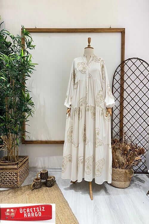 ŞAHMERAN KETEN YALDIZLI ELBİSE Taş