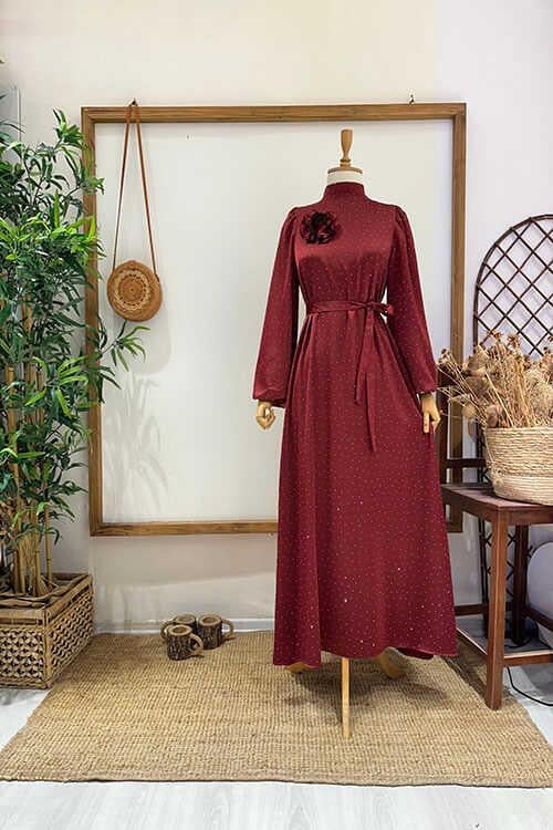TAŞLI ÇİÇEK BROŞLU ABİYE Bordo