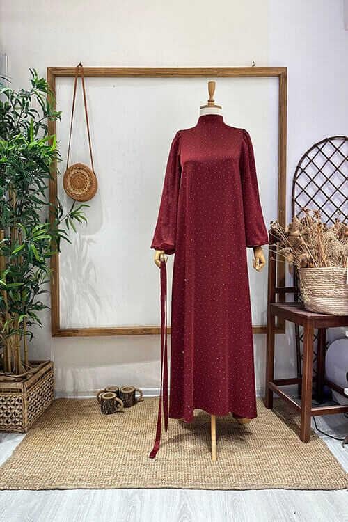 TAŞLI ÇİÇEK BROŞLU ABİYE Bordo