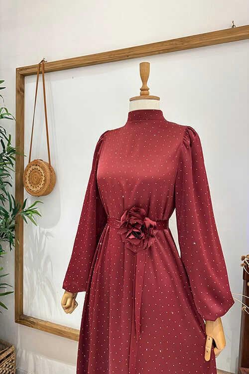 TAŞLI ÇİÇEK BROŞLU ABİYE Bordo