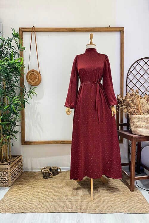 TAŞLI ÇİÇEK BROŞLU ABİYE Bordo