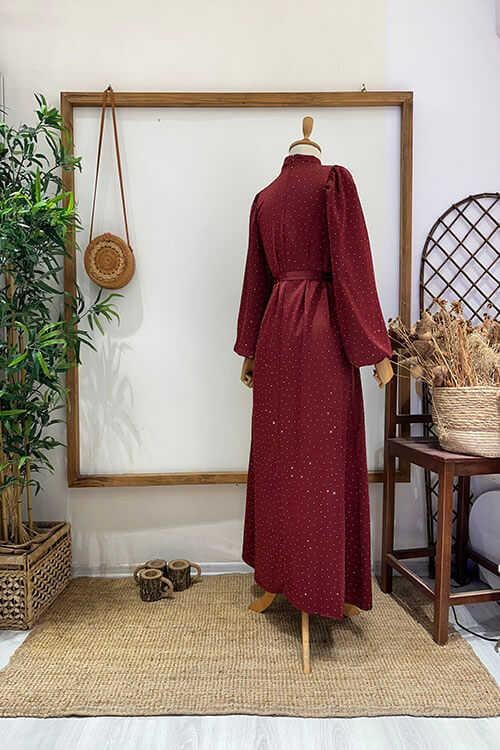 TAŞLI ÇİÇEK BROŞLU ABİYE Bordo