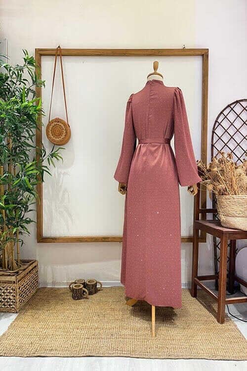 TAŞLI ÇİÇEK BROŞLU ABİYE GülKurusu