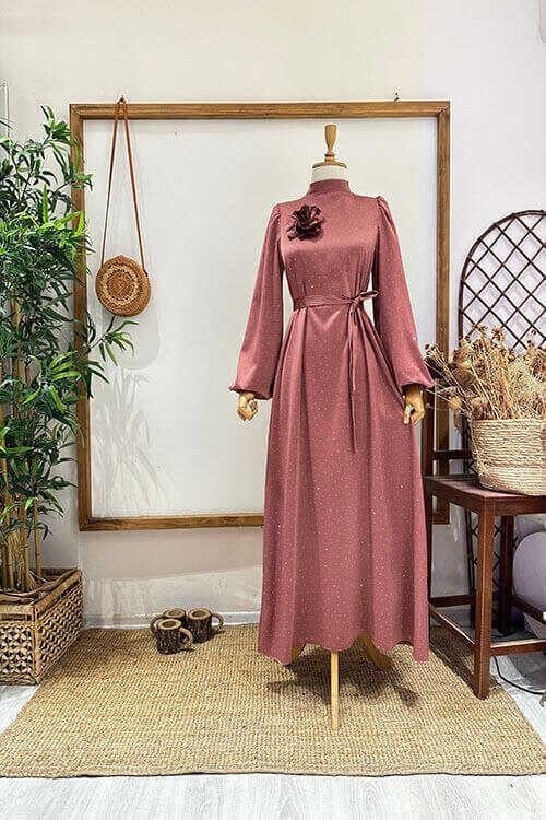 TAŞLI ÇİÇEK BROŞLU ABİYE GülKurusu