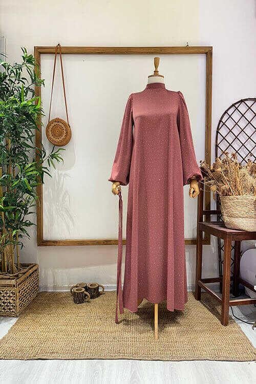 TAŞLI ÇİÇEK BROŞLU ABİYE GülKurusu